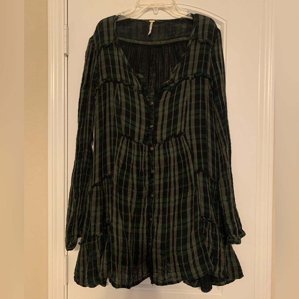 Free People Green and Black Plaid Button-Down Shirt